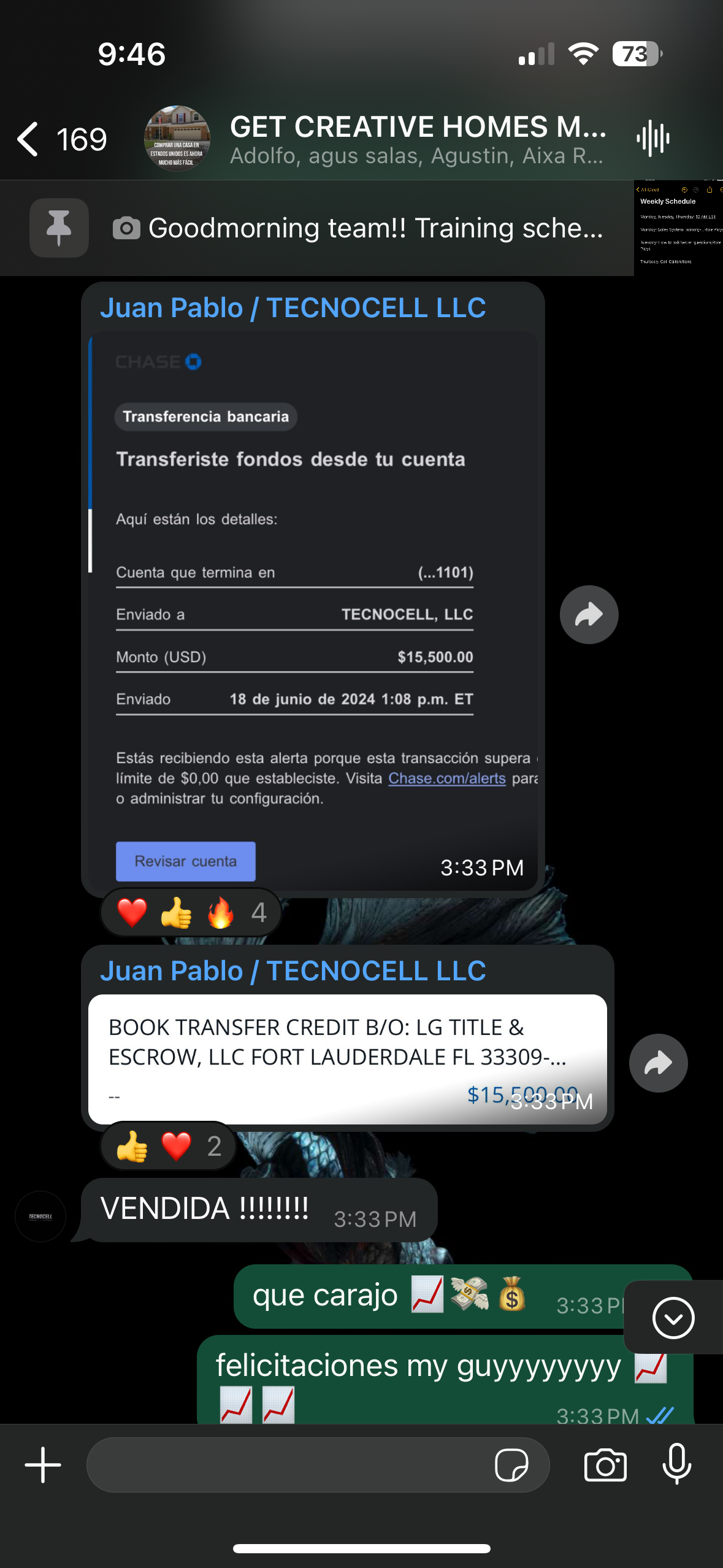 Wire transfer confirmation for $15,500